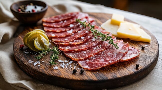 Rustic round wooden board with thinly sliced cured salami, sliced cheese, green pickles, fresh thyme sprigs, coarse salt and peppercorns on a linen cloth, cozy appetizing scene