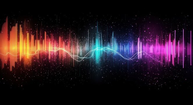 vibrant multicolor audio waveform bars and glowing sine wave over black background with sparkling particles, dynamic light and energetic futuristic rhythm