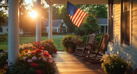 Sunlit front porch with wooden rocking chairs, columns and potted flowering plants, a waving flag and green lawn at golden hour evoking warm peaceful nostalgia © Jdgkxbnc
