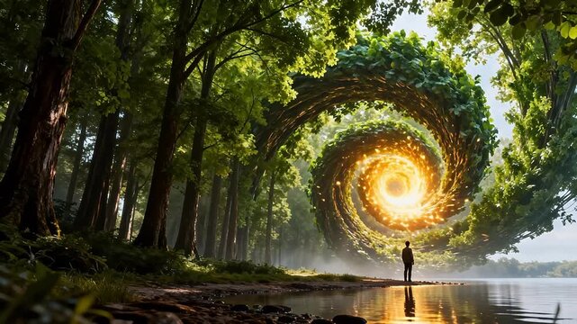 Person in forest with spiral light tunnel