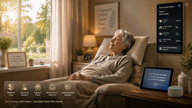 Elderly woman resting with smart care devices in bedroom