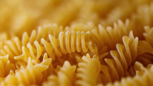 macro close-up of uncooked spiral pasta pieces in warm golden light, textured dry fusilli filling the frame, evoking cozy comfort and appetite