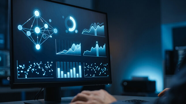 Monitor displaying AI neural network analytics dashboard in dark blue office