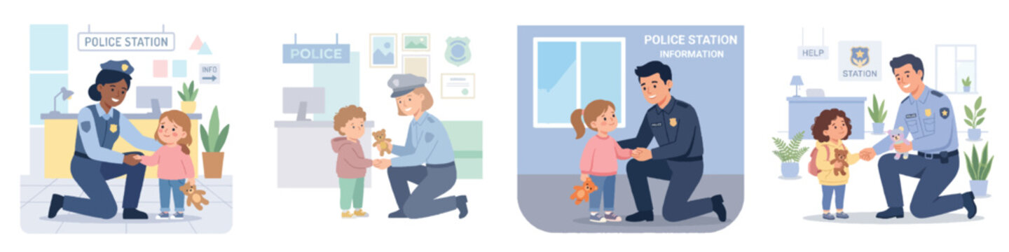 A friendly police officer knelt down, helping a lost young child inside a police station. Flat design, simple, minimalist, vector illustration, pastel colors, no outline, clean white background.