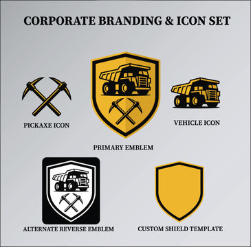 Mining industry corporate branding identity set, yellow dump truck and crossed pickaxe emblem, construction and excavation vehicle icons