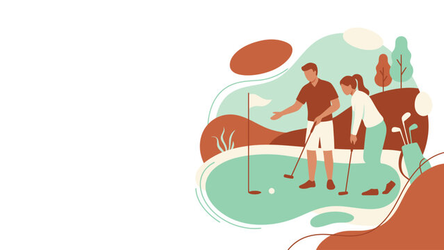 Couple playing mini golf together on a colorful abstract course.