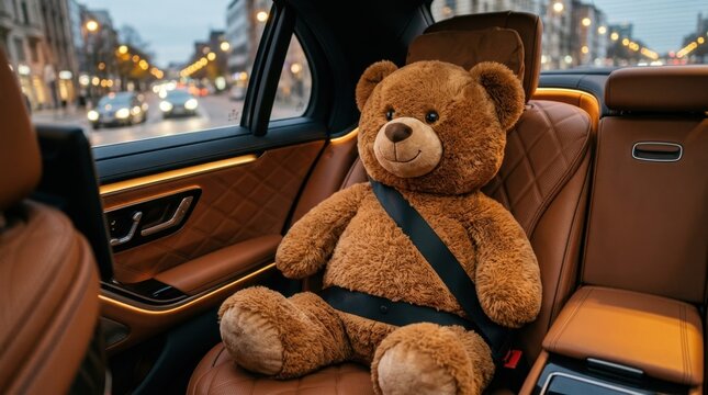 Large brown teddy bear wearing a safety seatbelt in the back seat of a luxury car interior on an evening city road trip