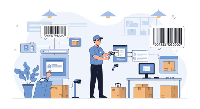Delivery worker scanning package barcodes with handheld scanner and computer system