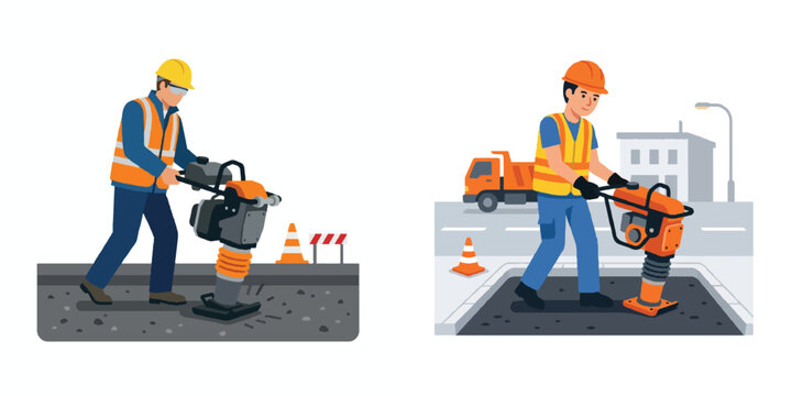  A minimalist illustration of a construction worker using a hand tamp tool to flatten the edge of a new road. Flat design, no outlines, simple geometric forms, pure white background.
