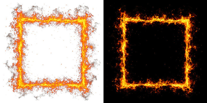 Square frame of burning fire flames isolated on transparent and black backgrounds for decorative border and signage graphics.