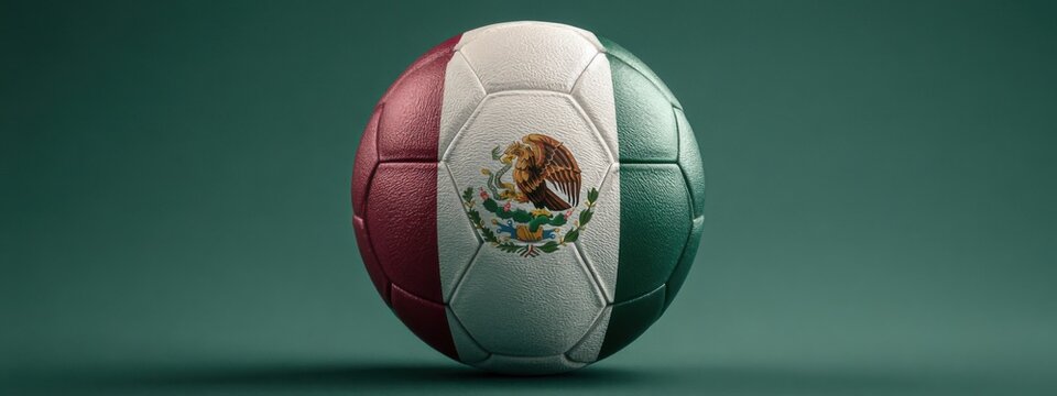 Soccer ball shows colors and emblem of Mexico in a simple setting