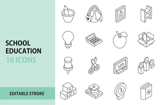 School Education Icon Set. Pencil, globe, certificate, shelf, bulb, calculator, apple, box, pin, scissors, blackboard, podium, blocks, smartphone, medal, notebook, university, learning, college.