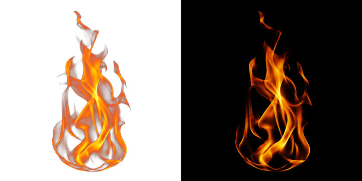 Single flame object on transparent and black backgrounds detailed realistic fire lick glowing orange heat.