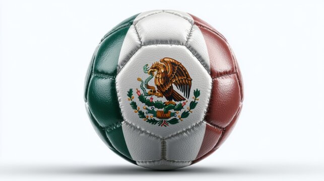 Soccer ball featuring the colors and emblem of Mexico for a game on a sunny day