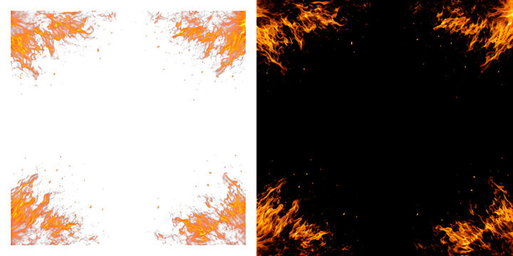 Realistic fire frame edges for border decoration isolated on transparent and black backgrounds for high quality graphic elements.