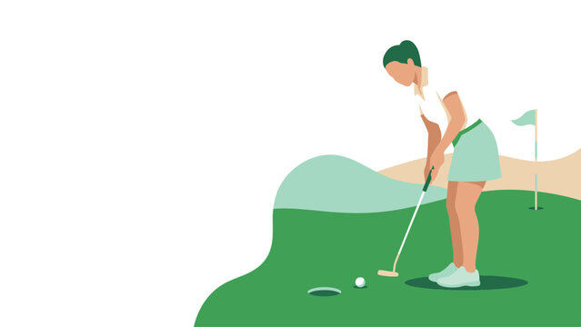 Female golfer putting on a green in minimalist illustration.
