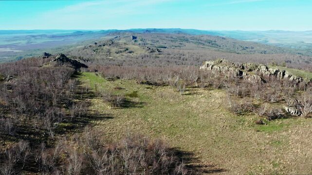 Urals in spring: Irendyk ridge, Mount Karatashmas. Aerial view.
