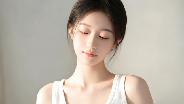 Young woman in white tank top