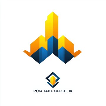abstract geometric skyline emblem with yellow and blue upward arrows forming skyscrapers above a diamond-shaped icon and placeholder text, conveying growth and optimism