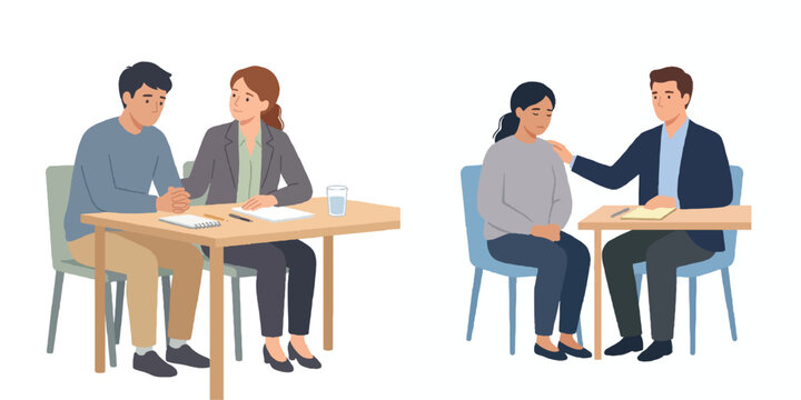 A simple flat design of a defendant sitting quietly next to their attorney, minimalist and empathetic style, no outlines, soft colors, white background.