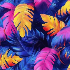 bright tropical leaves pattern in bold blue, pink and yellow brushstrokes conveying energetic playful vibes © Jdgkxbnc
