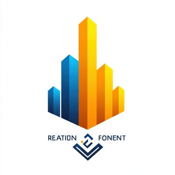 stylized geometric city skyline logo of ascending blue to yellow gradient vertical towers rising from an abstract diamond base with modern text, evoking growth and optimism