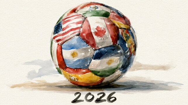 Soccer ball design shows flags for the 2026 World Cup event in North America