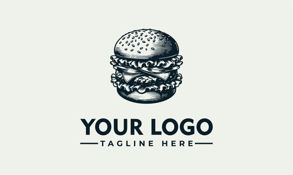 Vintage hand drawn hamburger fast food restaurant vector logo illustration