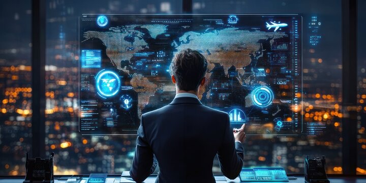 Businessman standing in front of a large transparent holographic world map and data display, holding a device, overlooking a glowing city skyline at night, focused and determined