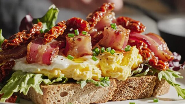 Savory Breakfast Sandwich with Crispy Bacon, Eggs, Sun-Dried Tomatoes, and Fresh Greens on Rustic Bread