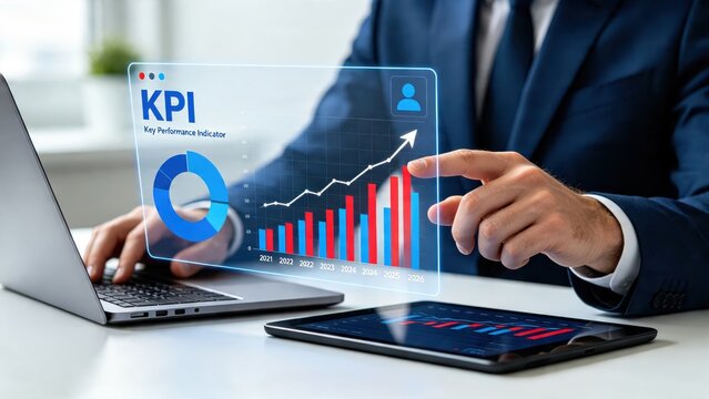 Businessman analyzing key performance indicators and financial growth charts on futuristic holographic display