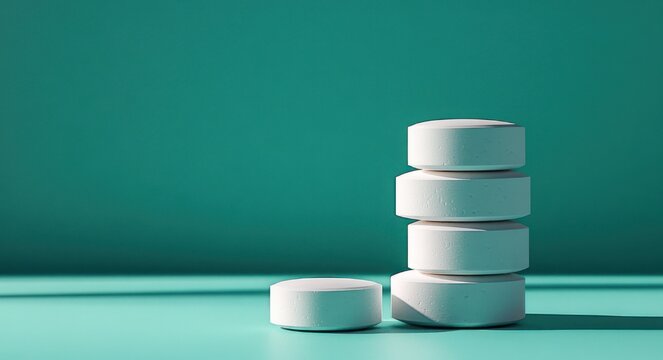 stack of five white round tablets with one lying flat on a teal surface, minimalist still life conveying calm balance