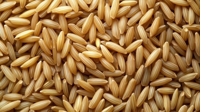 Close-up of a dense pile of golden brown long rice grains conveying warmth, abundance and comforting natural texture
