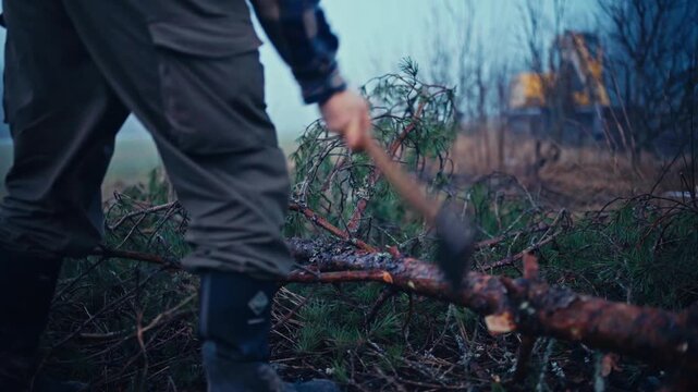 A Person Chops a Fallen Tree Branch with an Axe Near a Cabin in a Misty Woodland Area - Static Shot