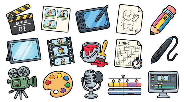 Collection of cartoon icons representing elements of filmmaking, animation, and digital art creation.