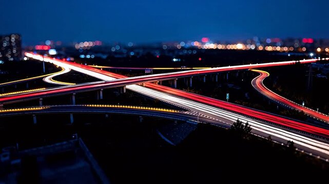 Nighttime highway intersection with light trails