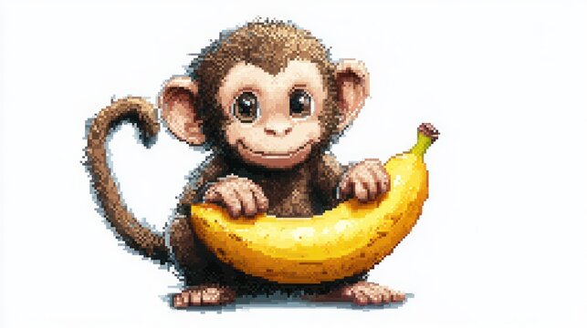 cute smiling baby monkey with big eyes holding a ripe banana in pixel art style on white background, playful and curious