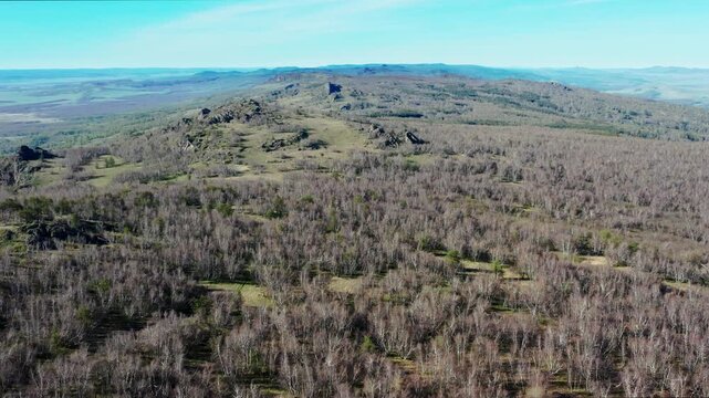 Urals in spring: Irendyk ridge, Mount Karatashmas. Aerial view.