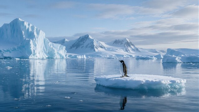 Emperor penguin standing on ice floe amid glacier filled polar waters