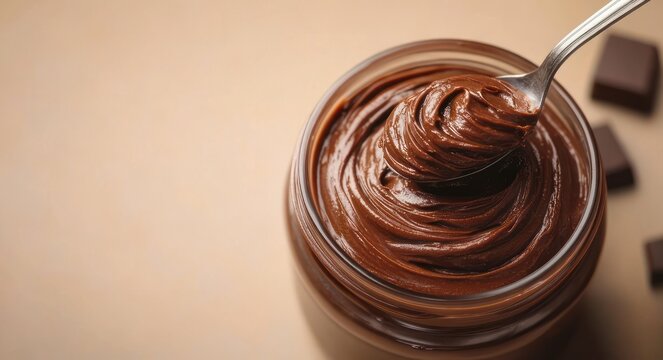 jar of glossy creamy chocolate spread with spoon lifting a swirl and chocolate squares on a warm beige background, indulgent and tempting close-up
