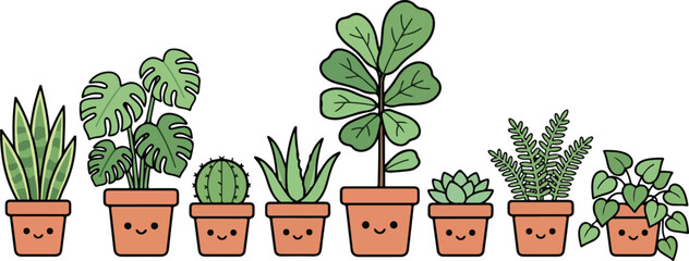 Collection of houseplant illustrations with happy faces displayed in terracotta pots against a white background for interior decor. © ts