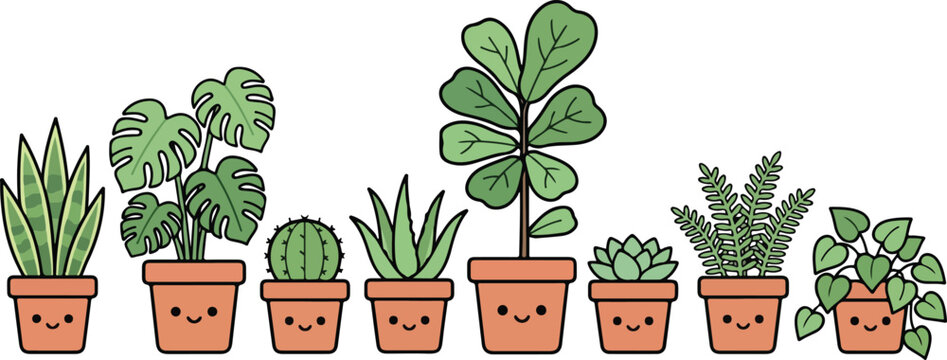 Kawaii cute plants Sticker Sheet Vector Illustration