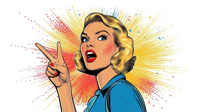 Retro pop art blonde woman in blue blouse flashing a peace sign with red nails and a pixelated face against a vibrant halftone burst, playful confident mood