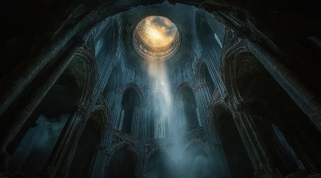 Ancient gothic cathedral interior with towering arches and columns and a moonlit oculus pouring a single beam of light through mist, evoking solemnity and awe