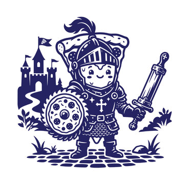 Pizza slice knight in armor holding a sword and shield with character medieval illustration monochrome pizzeria adventure fastfood strength