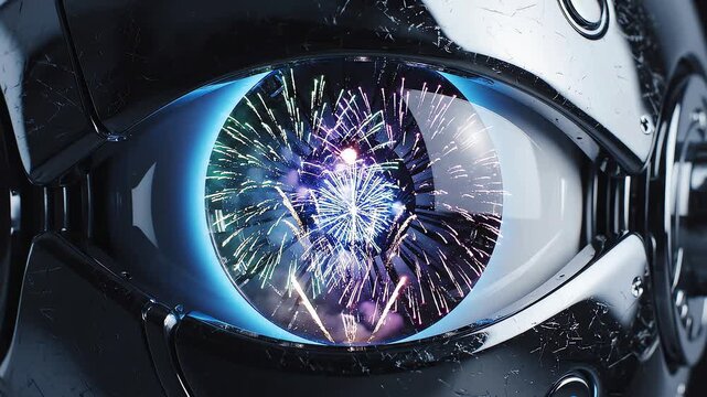 Bionic Robot Eye Reflecting Vibrant Colorful Fireworks in a Futuristic High-Tech Setting
