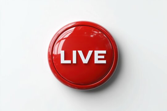 glossy red circular button with bold white LIVE text on clean white background conveying urgency and readiness