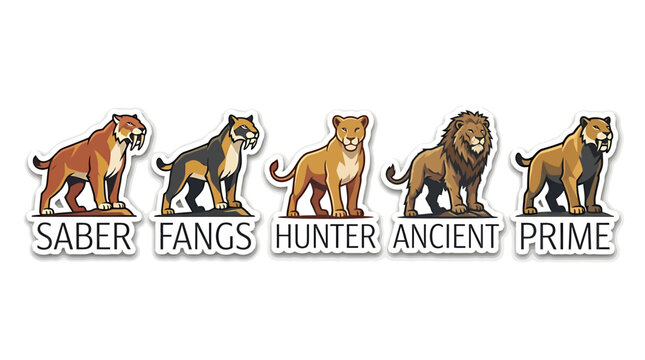 Collection of Big Cat Illustrations: A vibrant assortment of stylized big cat illustrations, featuring a saber-toothed cat, a hunter lion, an ancient lion with a magnificent mane, and a prime lion.