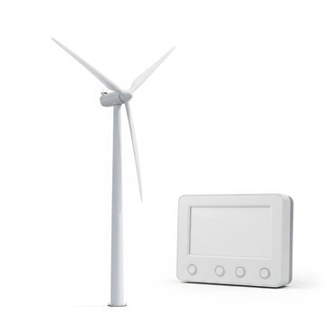 A white wind turbine model next to a digital display device on a plain background