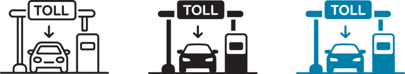 Toll road icon set, vector collection featuring toll plaza barriers, highway payment symbols, road checkpoints, vehicle lanes, and transportation signs in a clean modern style isolated on a white  © Dalim